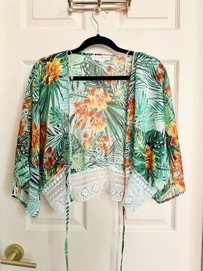 Tropical green timing kimono crop top